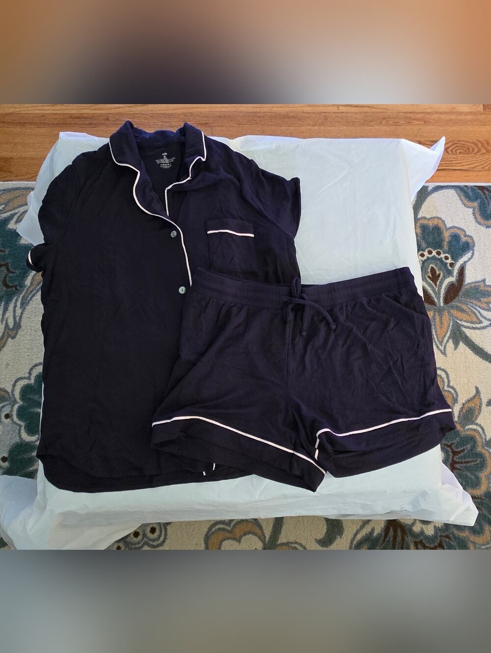 Knix Navy Modal Short Sleeve Pajama Set with Light Pink Piping